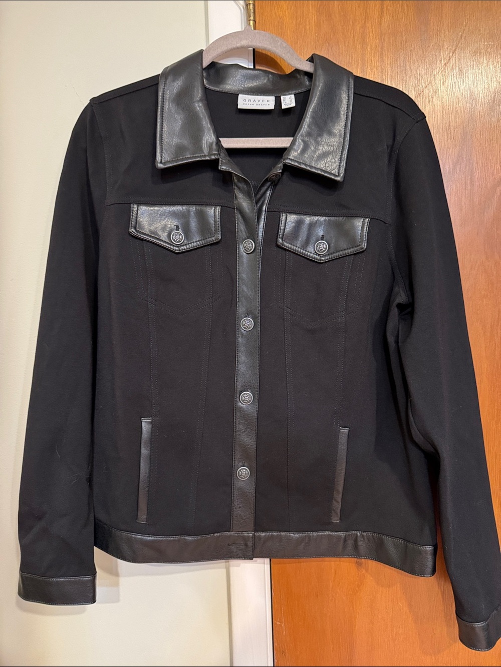 Susan Graver Black Ponte Jacket with Faux Leather Trim